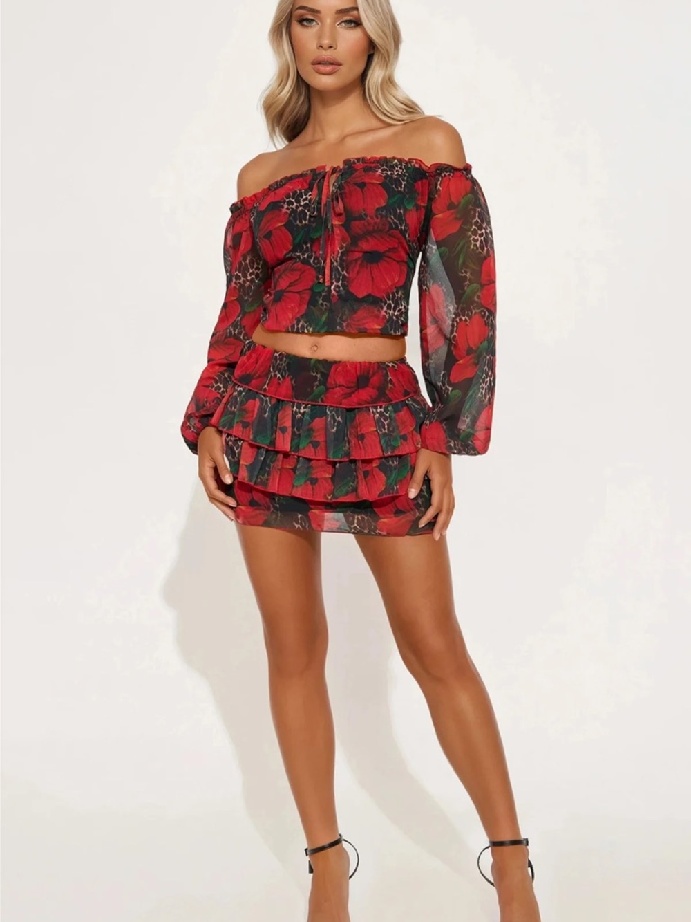Off-Shoulder Red Floral Ruffled Mini Skirt